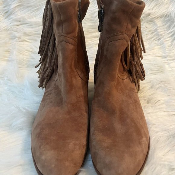 Sam Edelman Louie Fringe Heeled Ankle Boots Booties Size 8 in Soft Saddle Color - Picture 3 of 6